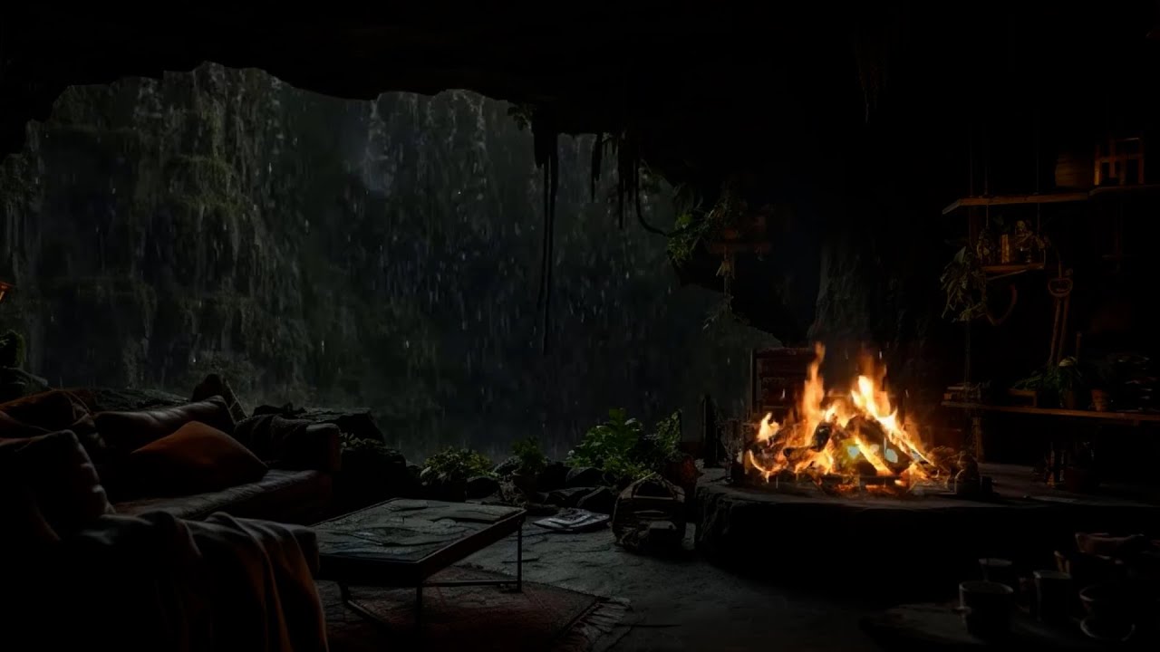 Hidden Cave Shelter ⛈️ Heavy Rain & Cozy Fireplace Sounds for Instant Sleep & Total Relaxation
