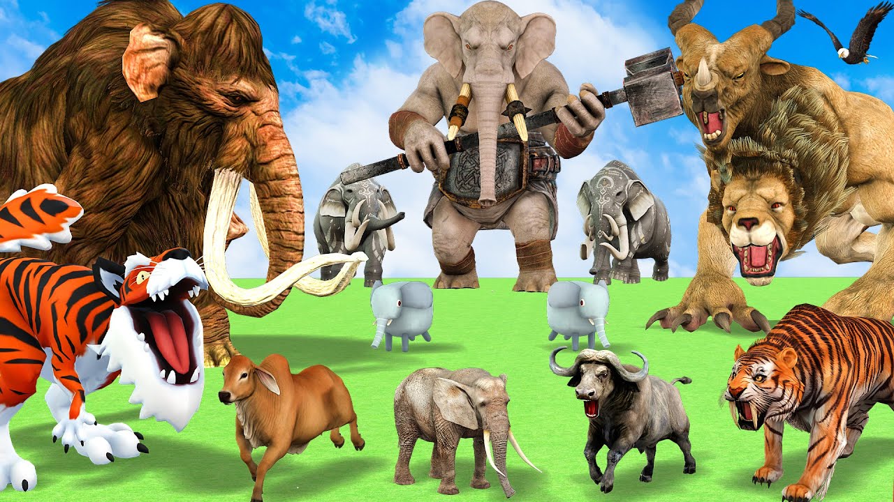10 Mammoth Elephant Cow vs 5 Giant Tiger Wolf Zombie Buffalo Fight Cow Saved By Woolly Mammoth