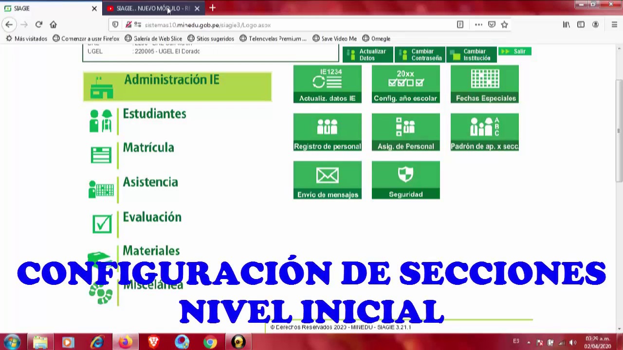 SIAGIE... CONFIGURACIÓN DE SECCIONES - NIVEL INICIAL