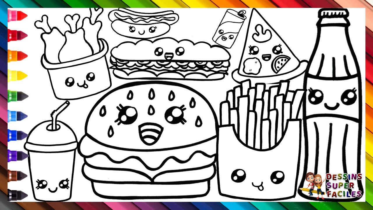 Dessiner et Colorier de la Restauration Rapide 🍔🥤🌭🍕🥪🍗 Burger, Cola, Hot Dog, Pizza et Plus