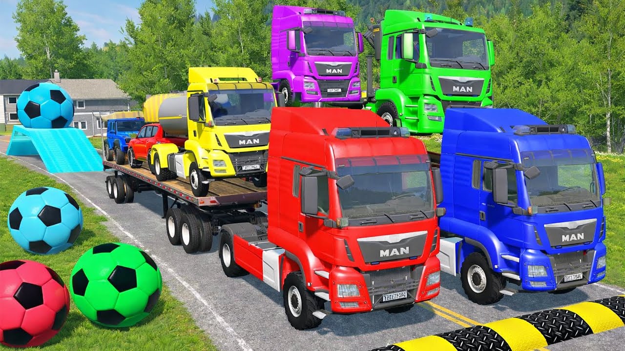 Flatbed Trailer McQueen Transportations with Truck   Cars vs Speed vs Train   BeamNG Drive #28