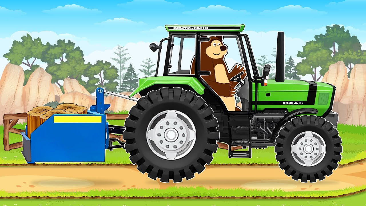 Green Tractor Works Hard on the Farm 🚜 Plowing Fields & Transporting Wood | Vehicles Animation