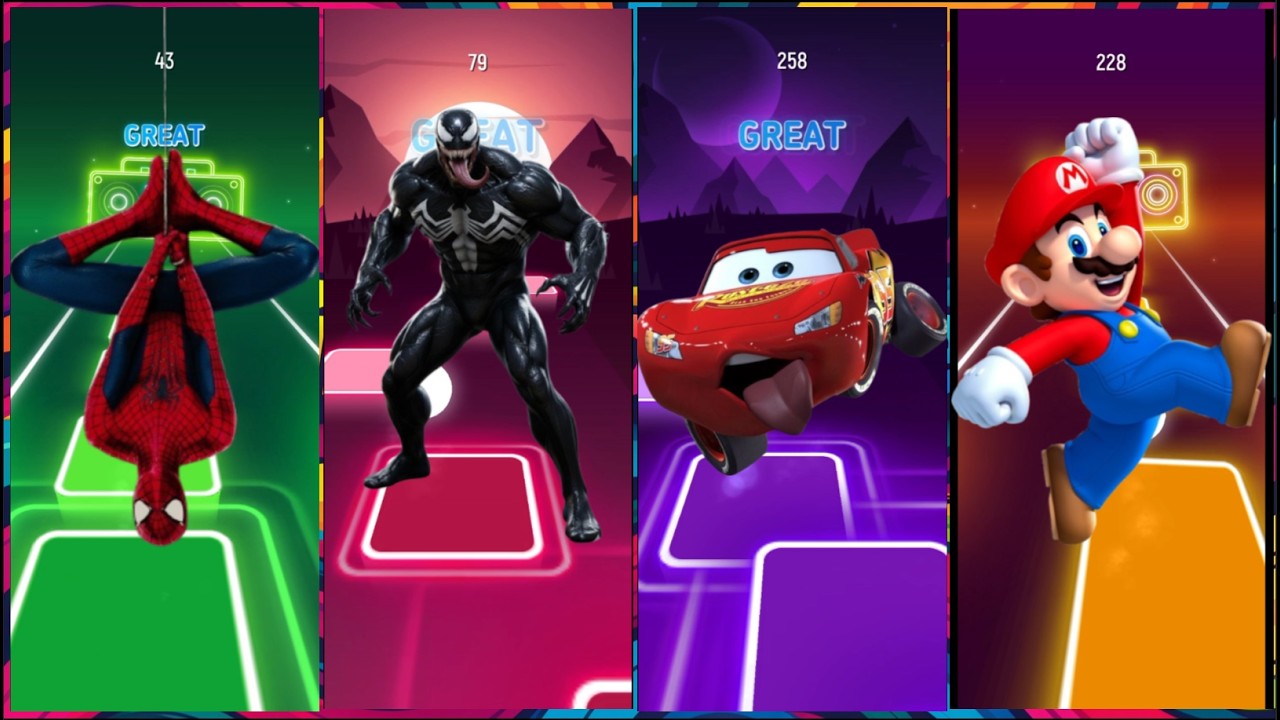 VENOM🆚SPIDERMAN🆚MCQUEEN🆚MARIO| ULTIMATE TILES HOP BATTLE🎶🔥