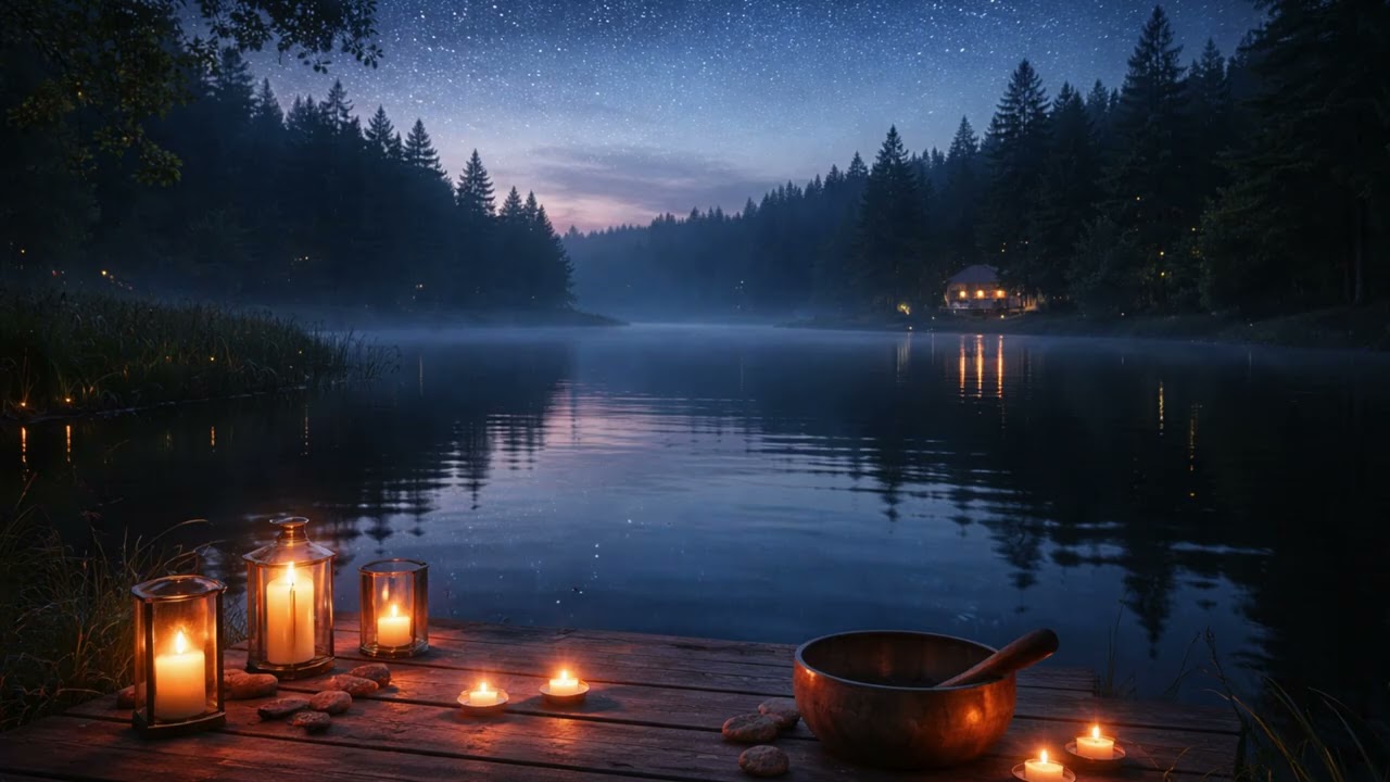 432Hz Deep Sleep Music 🌙 Calm Lake, Singing Bowl & Shooting Stars | 90 Minutes