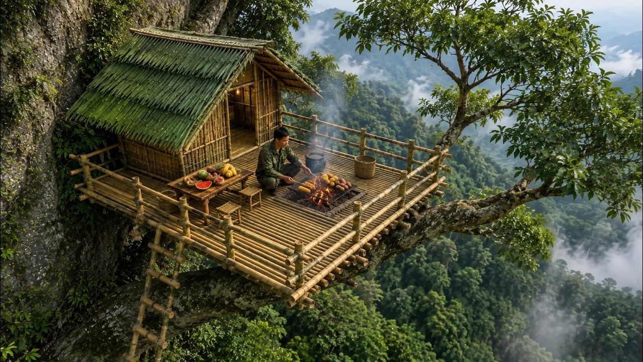 Building a Cliffside Survival Shelter High Above the Ground to Escape Wild Predators