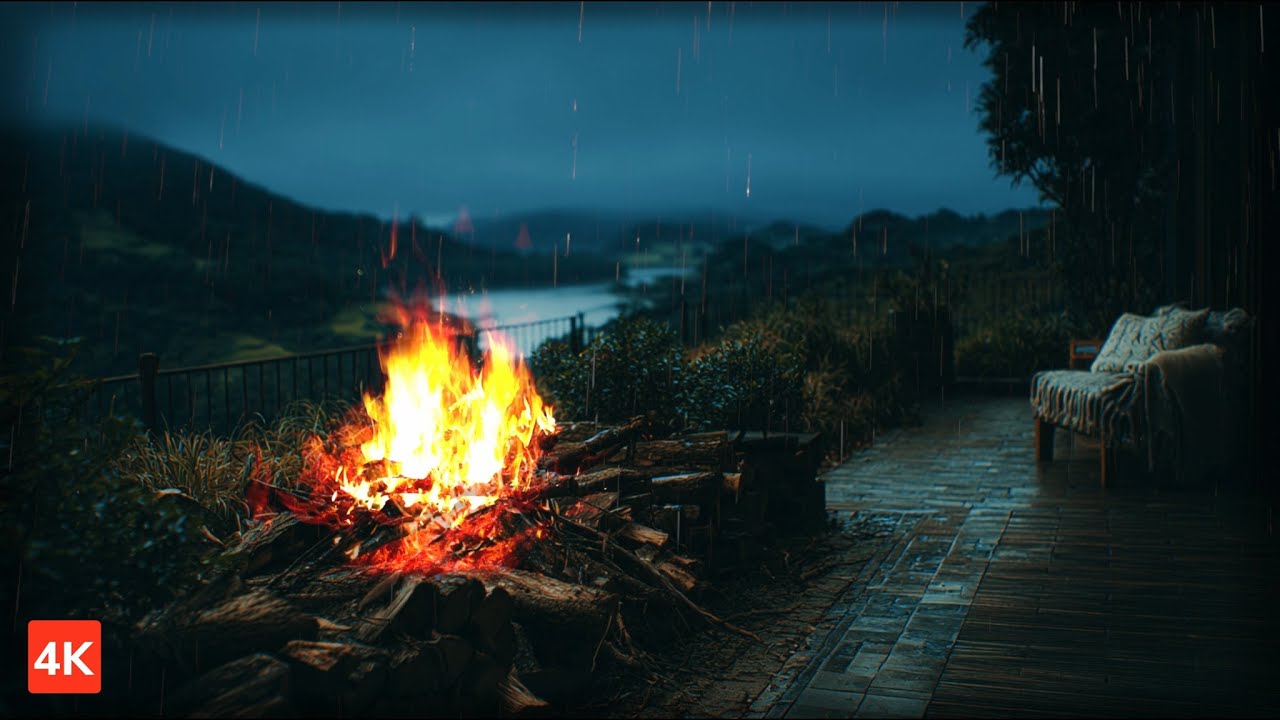 5 Hours Cozy Mountain Bonfire with Rain & Soft Sleep Music | 4K Relaxing Ambience