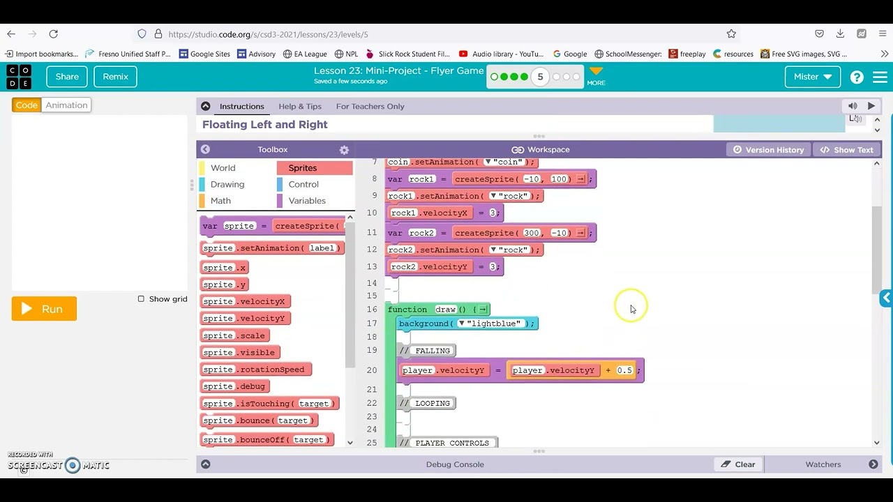code.org lesson 23 Flyer Game