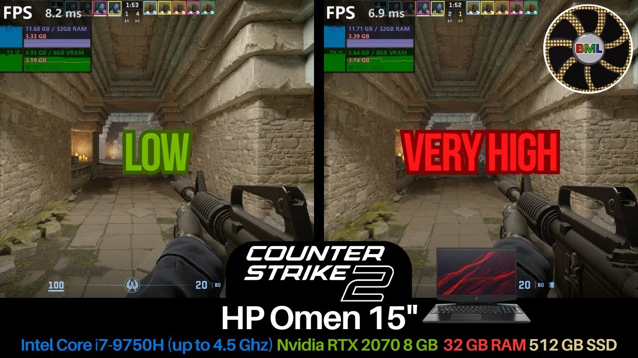 Counter-Strike 2 | Low VS Very High | RTX 2070 Max-Q 8GB, i7-9750H, 32GB RAM - HP Omen 15