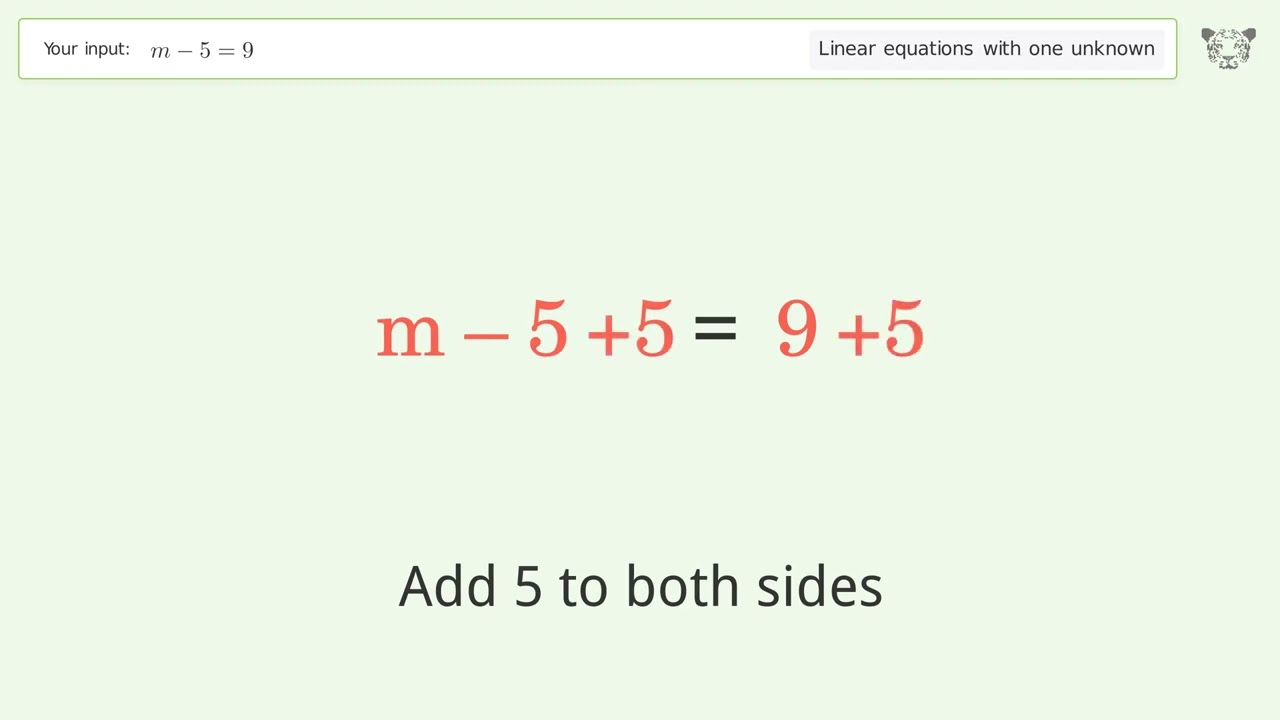 Linear equation with one unknown: Solve m-5=9 step-by-step solution