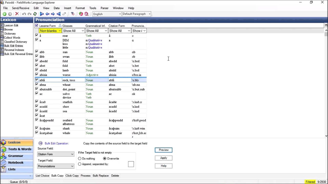 FLEx Conlangs 3  6: Collect Words, Classified Dictionary, Bulk Edit
