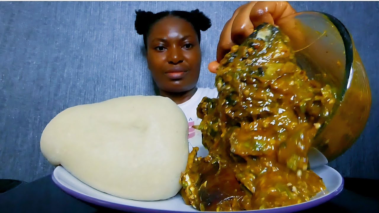 Asmr mukbang delicious okra soup mixed with ogbono and fufu