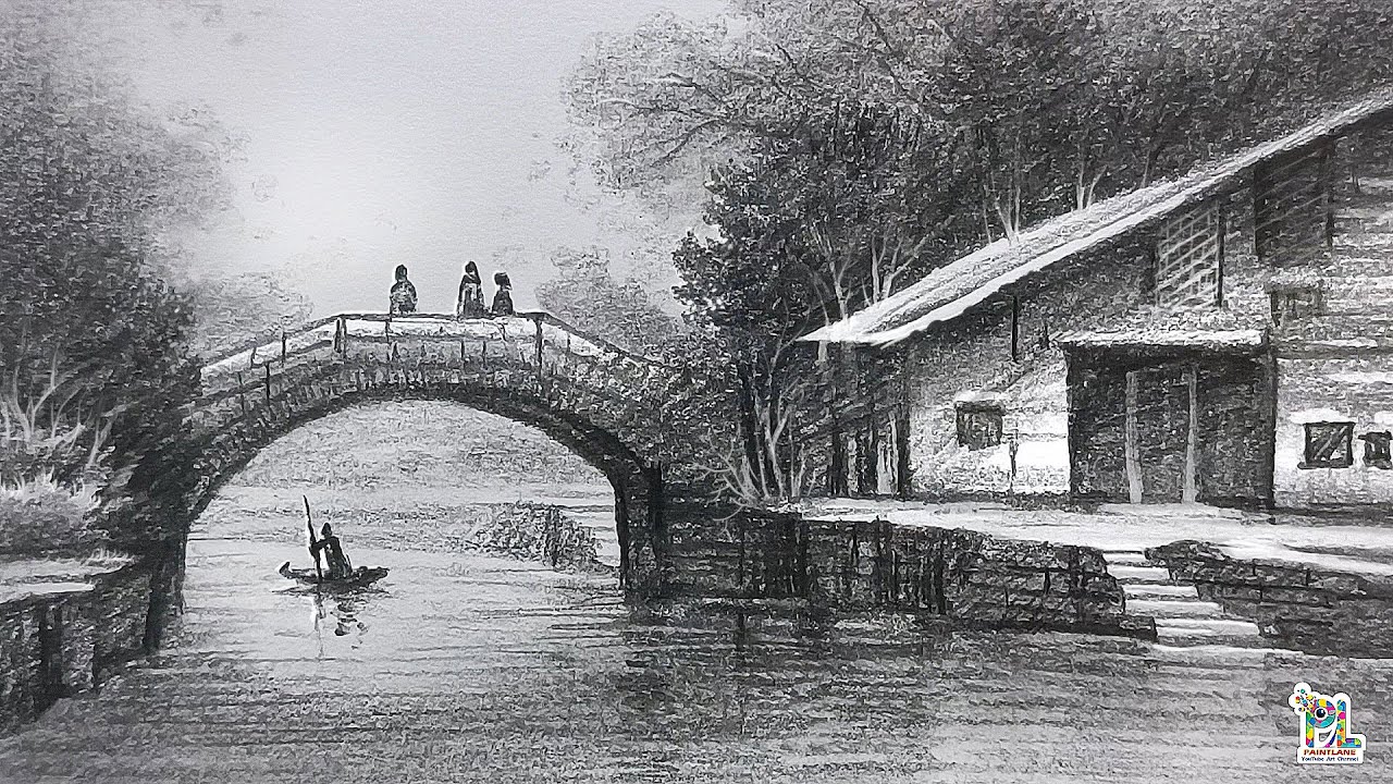 How to draw House and Bridge at Lake in A Pencil Scenery Art