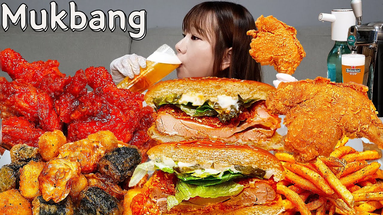 Sub)Real Mukbang- Бургер 🍔 Курица 🍗 Картошка фри 🍟 Пиво 🍺 АСМР