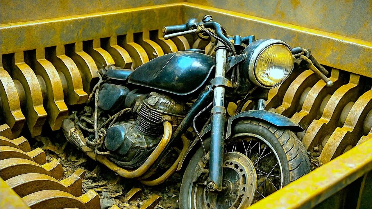 Giant Metal Shredder Destroying Motorcycle, Vehicle ! Extreme Metal Shredding Machine