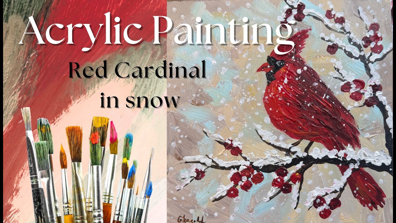 Painting Red Cardinal in Snow with Acrylic | Step by step painting tutorial | Easy to follow
