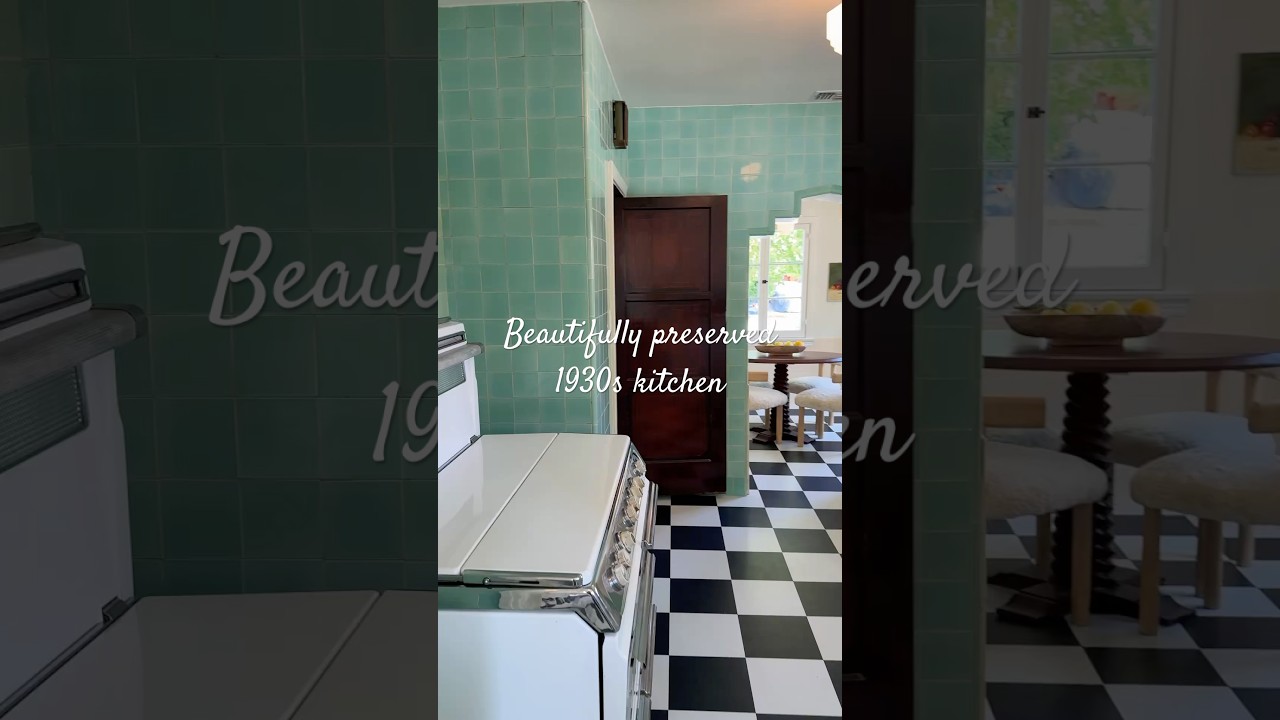 1930s kitchen, beautifully tiled, with a breakfast nook and a separate laundry room #1930s #retro