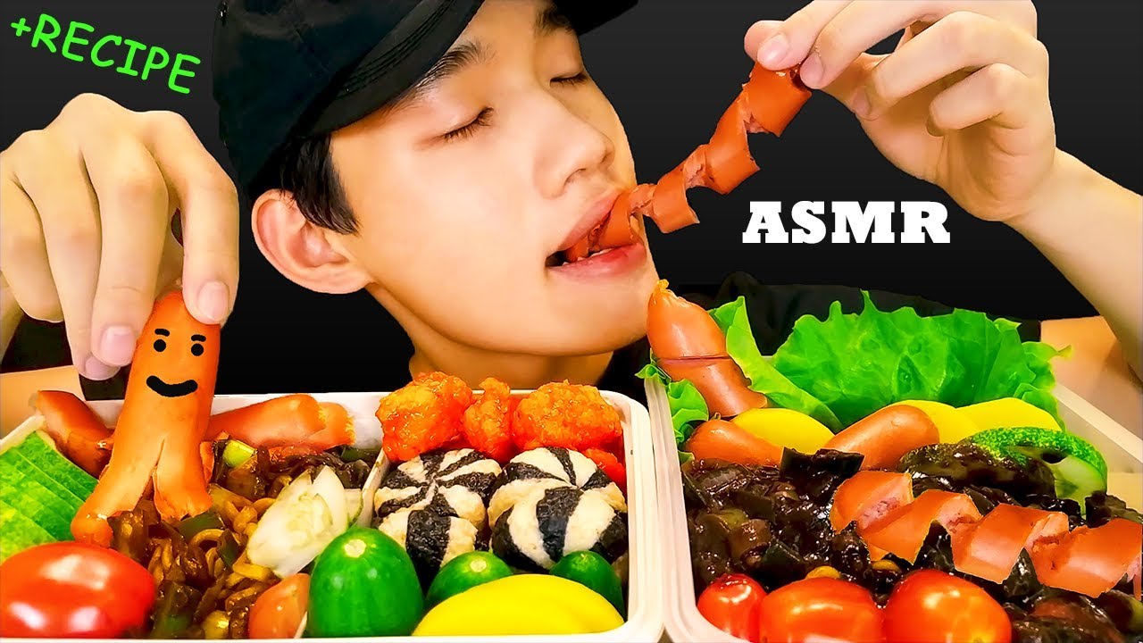 ASMR BENTO BOX | Black Bean Noodles + Sausage-shaped + Fried Chicken Popcorn | TANTAN Twins ASMR