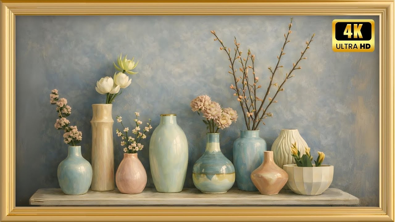Collection of Pastel Ceramic Vases & Planters | 4K Minimal Shelf Art for Samsung Frame TV