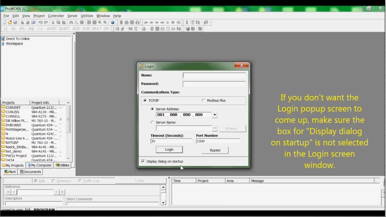 Disabling Login Dialog Box on ProWORX 32 Server | Schneider Electric Support