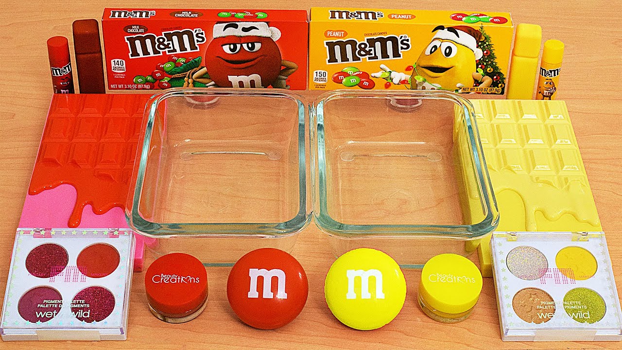 Red vs Yellow m&m's - Mixing Makeup Eyeshadow Into Slime ASMR