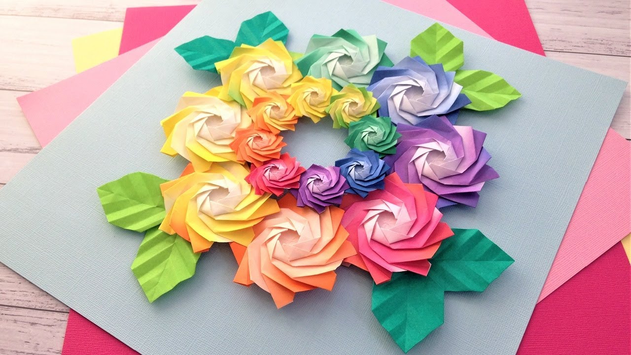 折り紙 バラの花のリース 折り方 Origami rose flower wreath tutorial（NiceNo1）