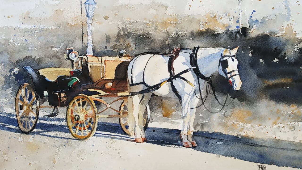 White Horse with Vintage Carriage Watercolor Painting Tutorial