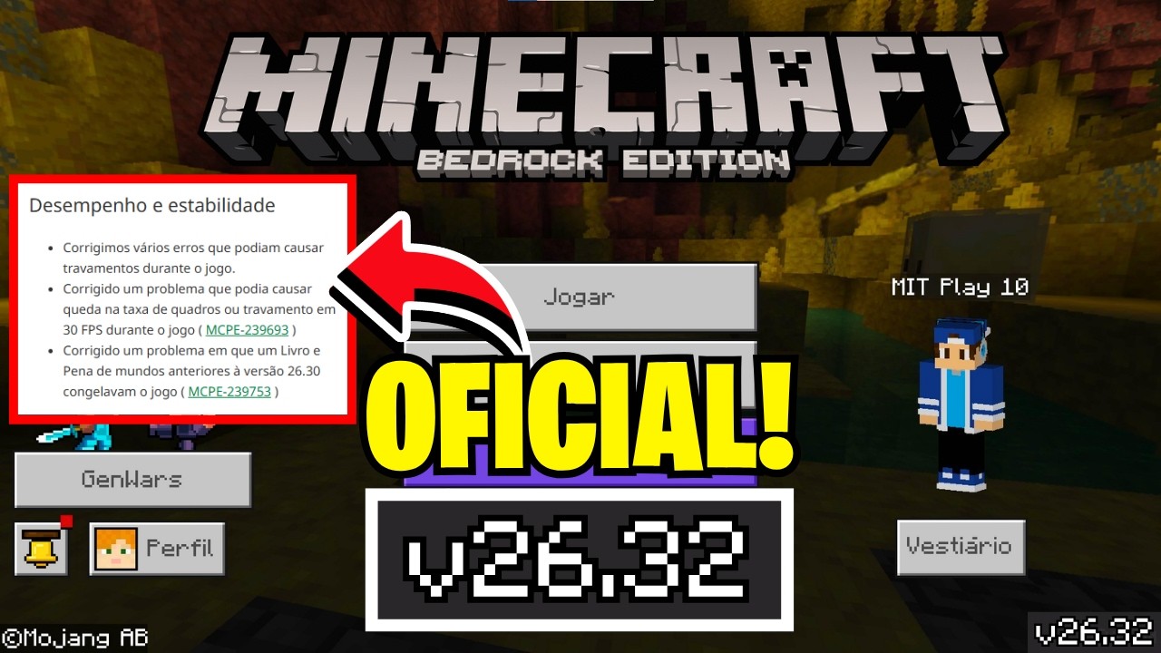 MINECRAFT PE 26.32 OFICIAL | NOVA ATUALIZA&Ccedil;&Atilde;O COM MELHORIAS DE DESEMPENHO!! (Bedrock)
