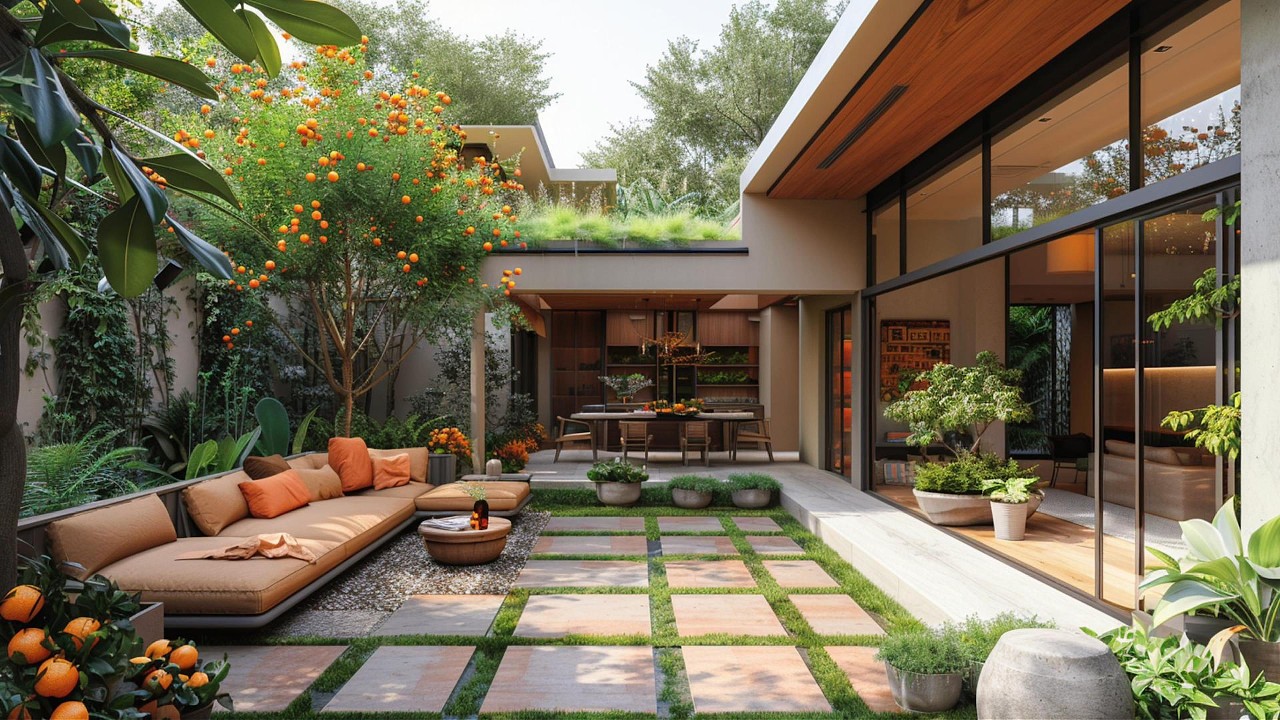 Modern Courtyard Home with Orange Tree | Indoor-Outdoor Living Design - 4DX DESIGN
