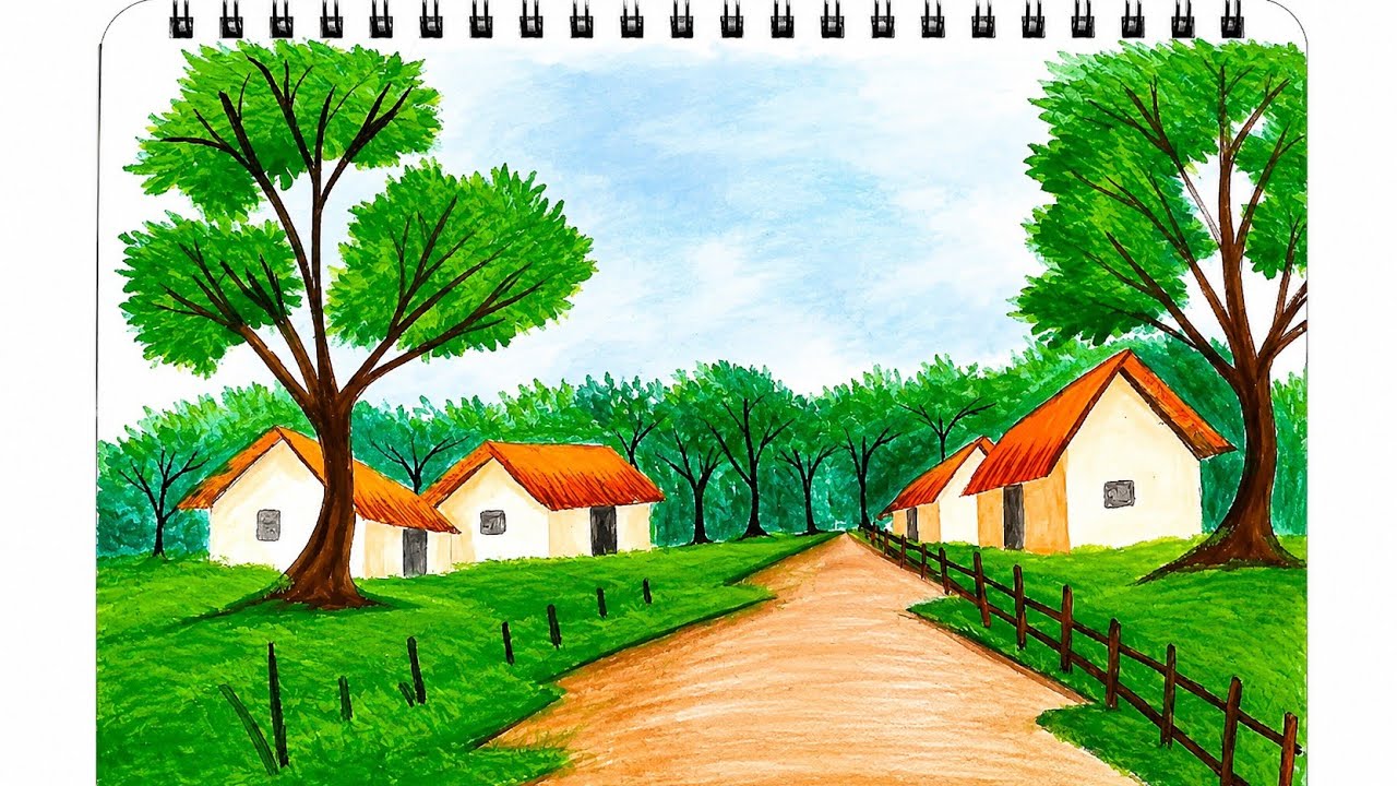 Village scenery drawing|| Easy scenery painting tutorial#art #drawing #painting 