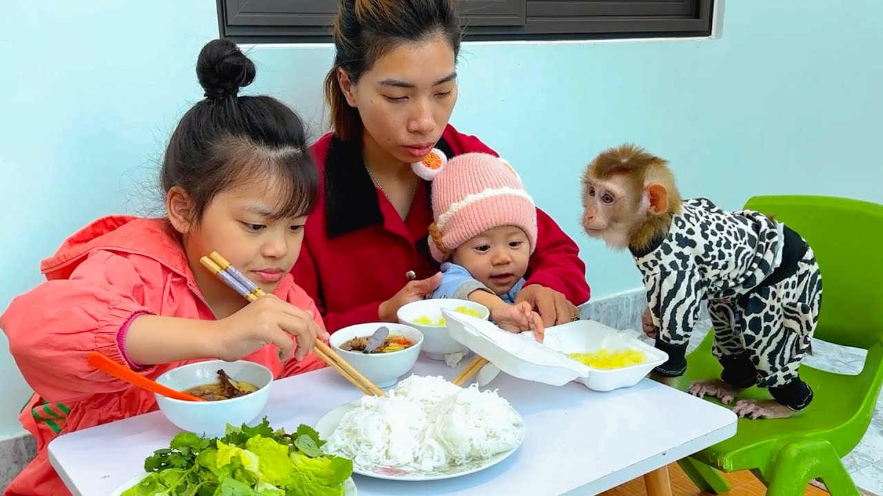 Monkey Kaka + Diem and Quynh have breakfast with bun cha