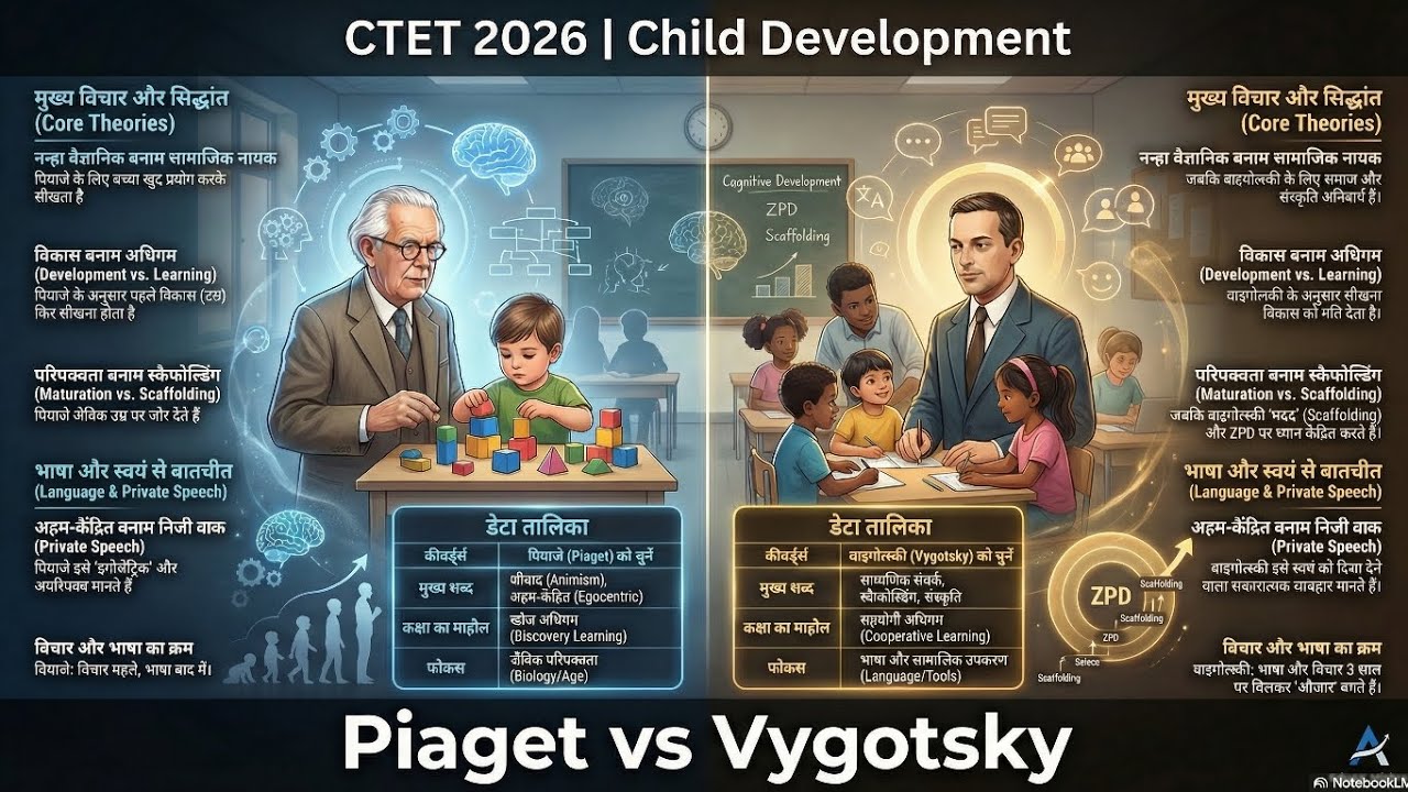 CTET 2026 CDP | पियाजे और व्यगोत्सकी आसान भाषा में | ZPD, Stages, Comparison