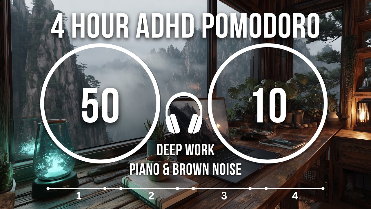 4 Hour Piano Pomodoro Session | 50/10 Timer | Brownian ADHD Deep Focus Study Work