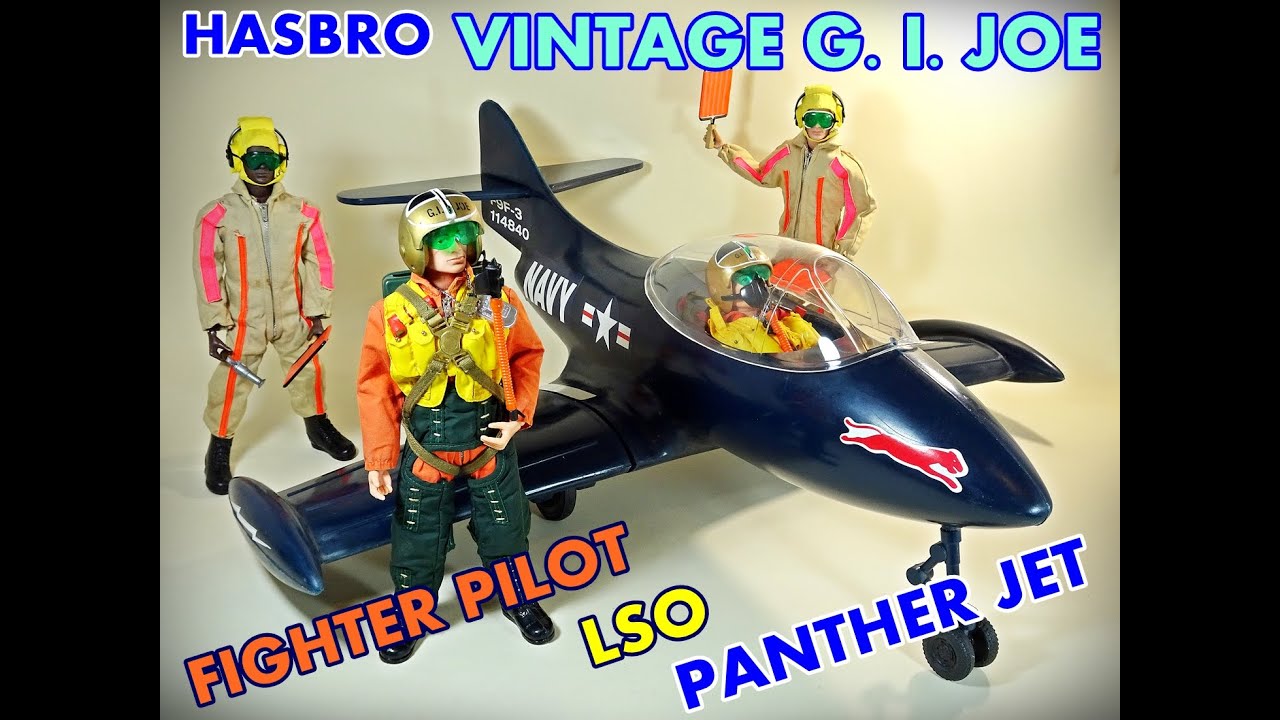 Hasbro – Vintage G. I. Joe – Vintage Fighter Pilot with Two Vintage LSO & Repro Irwin’s Panther Jet
