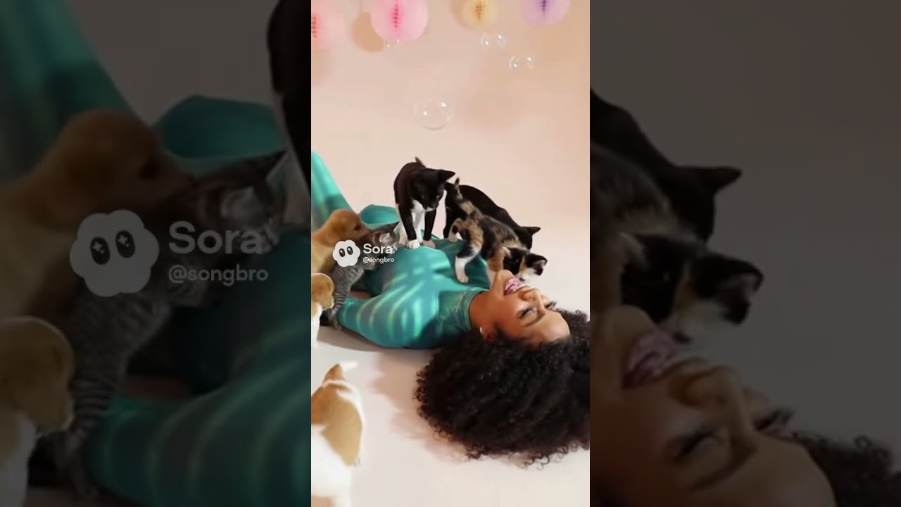 Котята и щенки прыгают и играют на теле потрясающе красивой женщины.