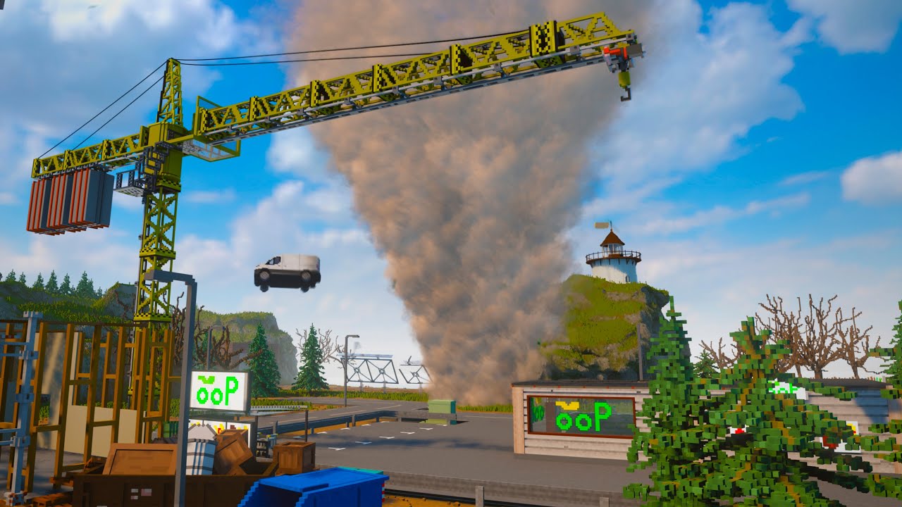 Realistic tornado in a small town with a lighthouse Teardown