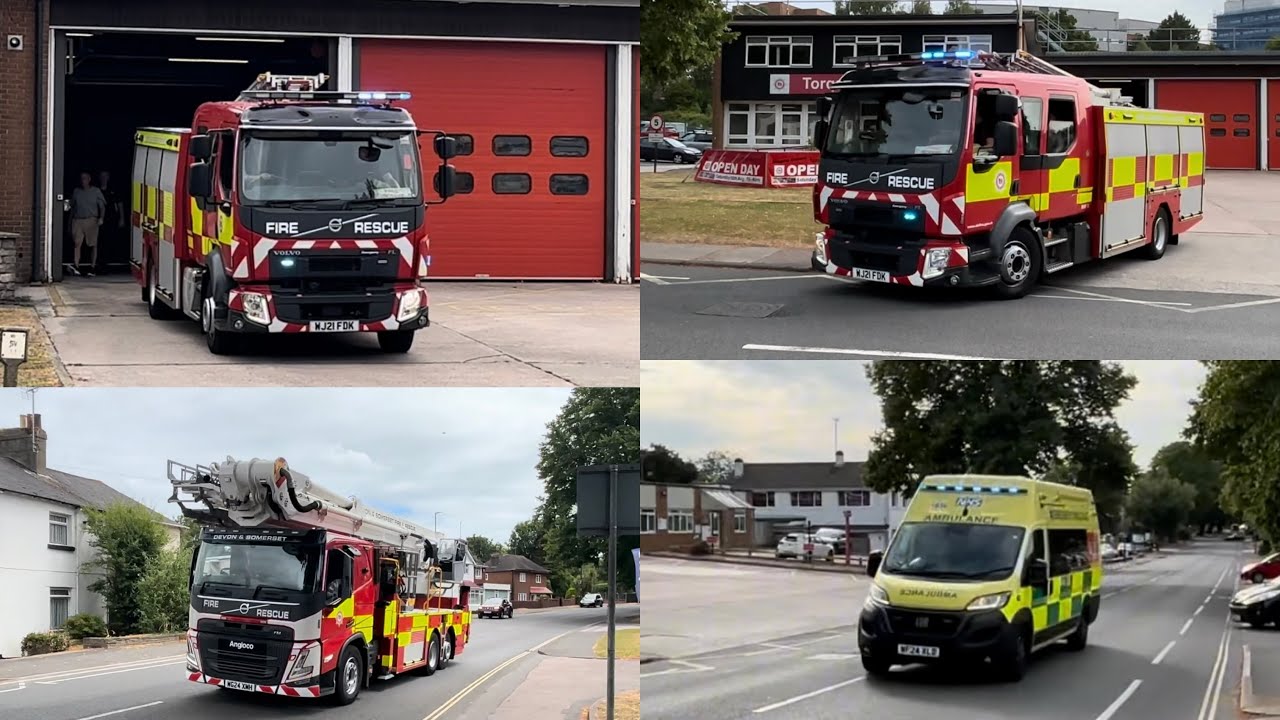 DSFRS Torquay fire station turn out 2x KV17P1, Volvo ALP arriving to Torquay and 3x ambulances 