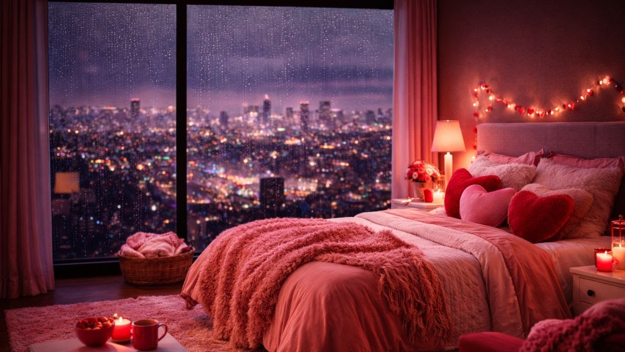 (No Ads) Valentine’s Night in a Cozy Bedroom 🌧️ | Gentle Rain Sounds for Sleep & Relaxation
