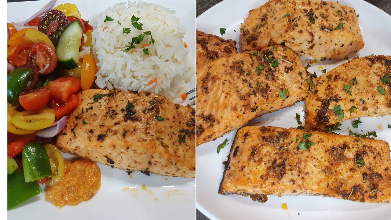 Broiled Salmon With Lemon Rice & Salad. Healthy Easy And Delicious