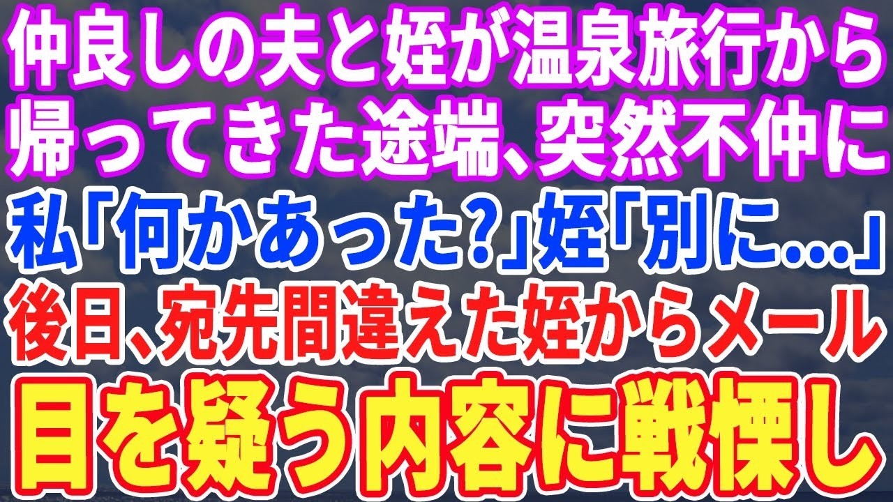 【スカッとする話】夫と仲良しの中3の姪が温泉旅行から帰宅した途端不仲に。私「何かあったの？」姪「別に何もない…」→心配していると私のスマホに宛先を間違えた姪からメールが…目を疑う内容に警察へ駆け込むと