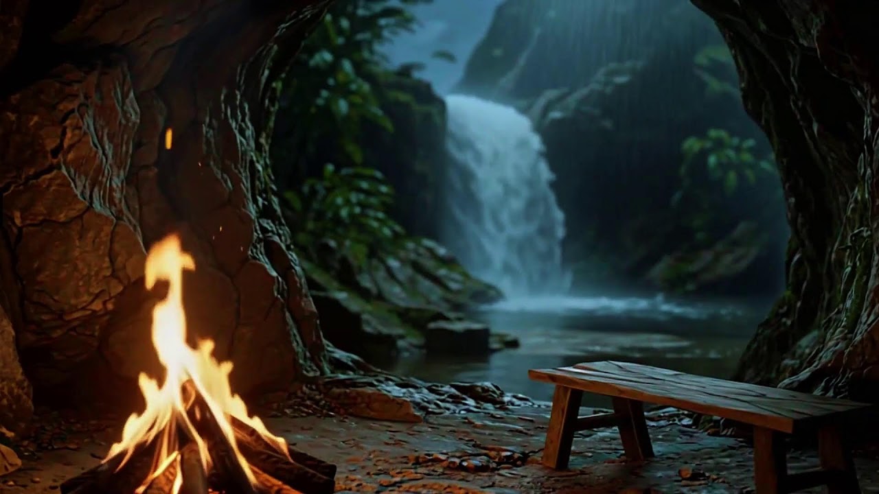 Soothing Fire & Waterfall Ambience with Birds | Cozy Hearth ASMR | Relax & Focus
