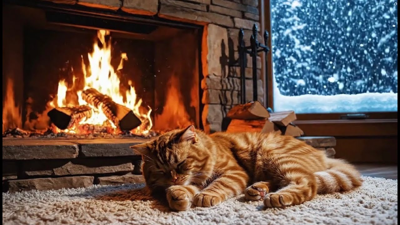 Sleeping Cat In Front Of Fireplace With Snowfall Purrfect Relaxing Ambience For Sleep Study ASMR