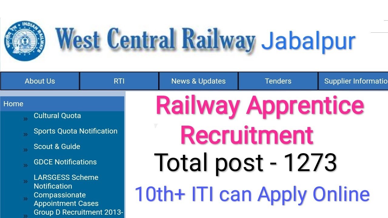 West Central Railway Jabalpur Apprentice Recruitment 2020 for ITI