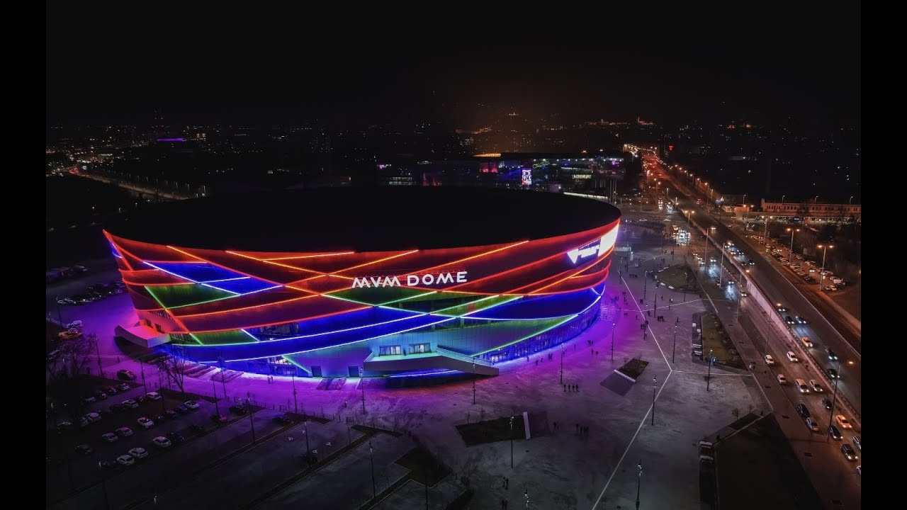 MVM Dome Budapest - Events venue with dynamic neon colours | RDX_Aerials | 4K Drone Footage |