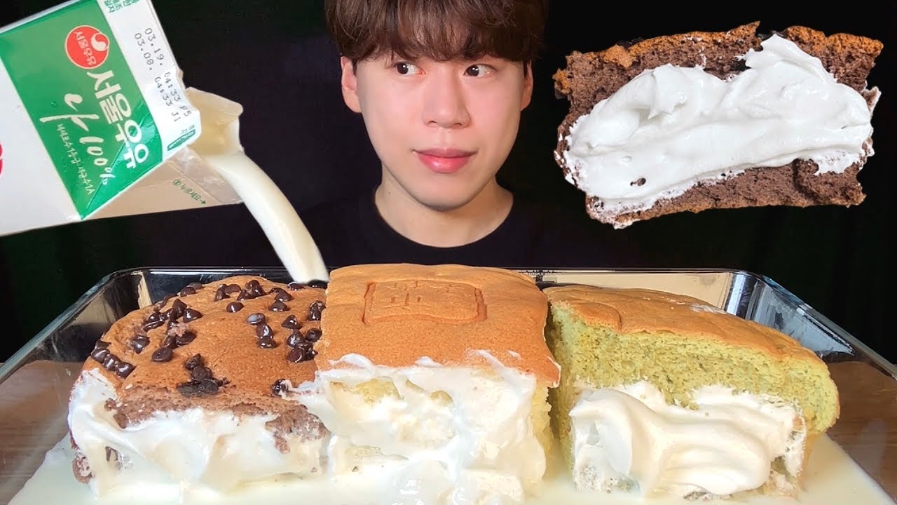 SUB) TAIWANESE CASTELLA CAKE WITH MILK | CHOCOLATE, GREENTEA, WHIPPED CREAM CASTELLA MUKBANG ASMR
