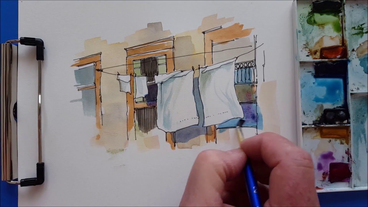 A quick and fun Watercolor Demonstration. Laundry Shadows. Peter Sheeler