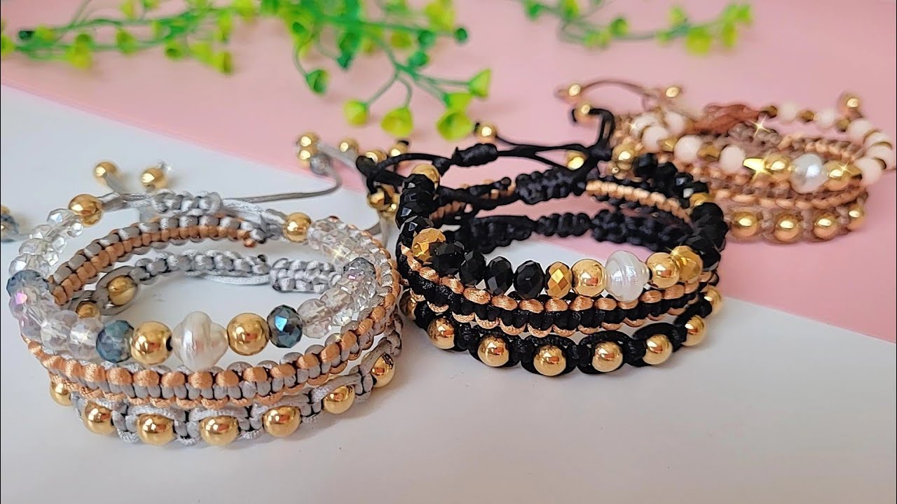 Como Fazer Kit de Pulseiras de Macramê e Cristais. 3 peças passo a passo.