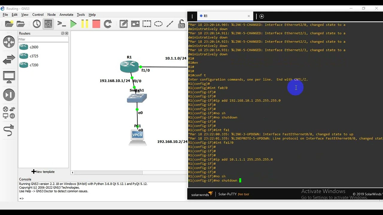 Design and Configure a network with 2 routers and 2 switches in GNS3.