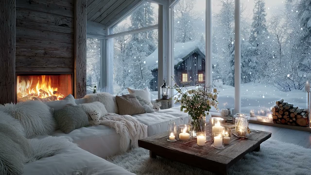Soft Piano Snowfall Lounge | White Floral Interior with Warm Fire for Relax