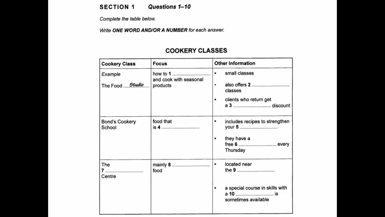 Cookery classes || CAMBRIDGE BOOK 13 test1 || IELTS #listening