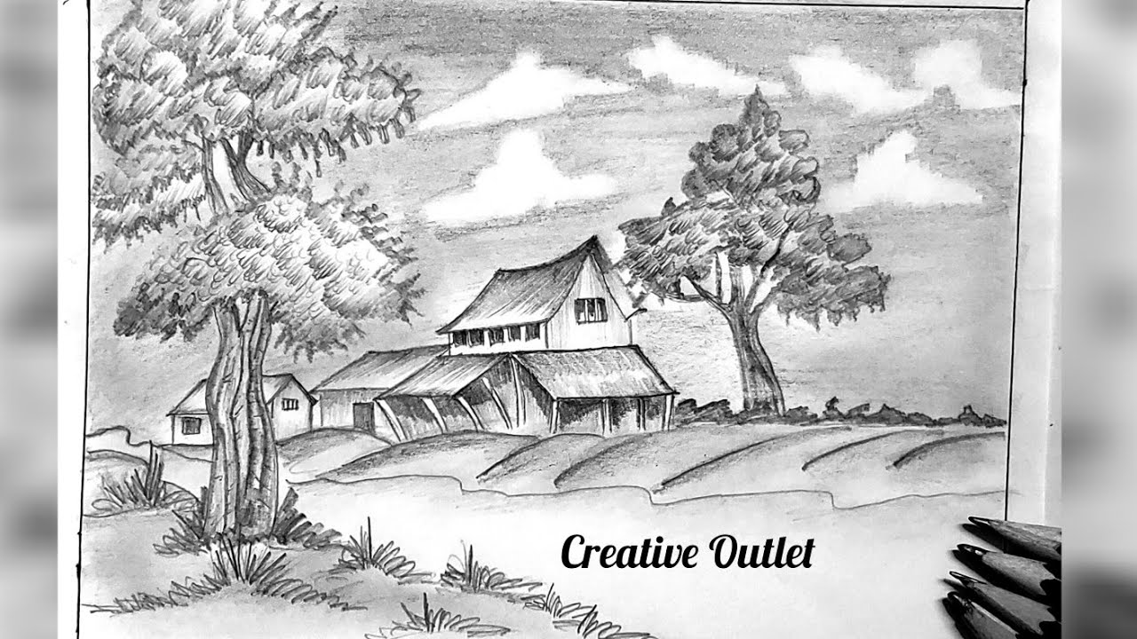 Easy Landscape Tutorial With Pencil ✏️//Landscape Drawing//Shading #creativeoutlet #viral